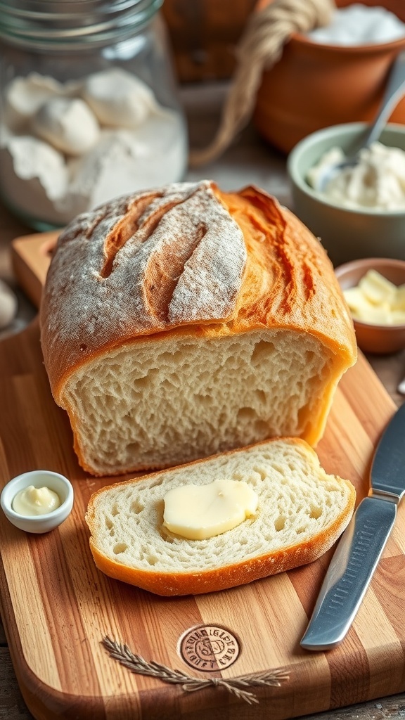 Yeast Bread Recipe Freshly baked golden brown yeast bread on a cutting board with butter.